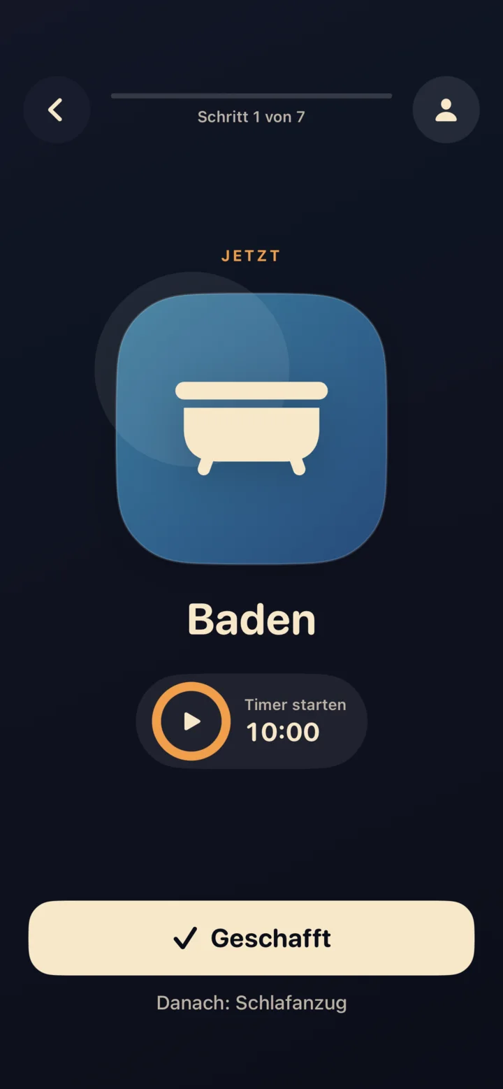 Moontrail zeigt Baden als aktuellen Abendschritt mit großer Bildkarte und optionalem Timer