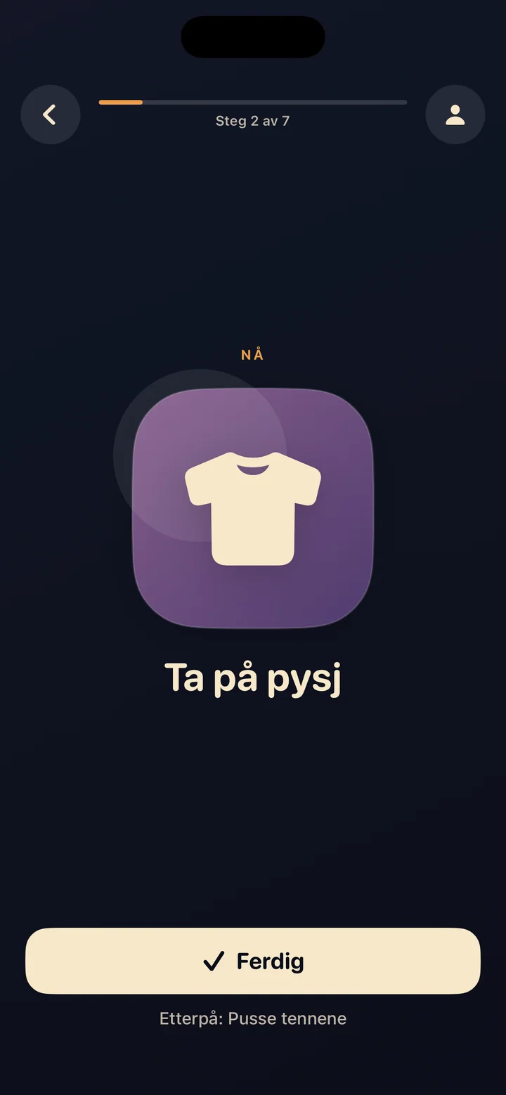 Moontrail viser bad som gjeldende steg med et stort bildekort og valgfri tidtaker