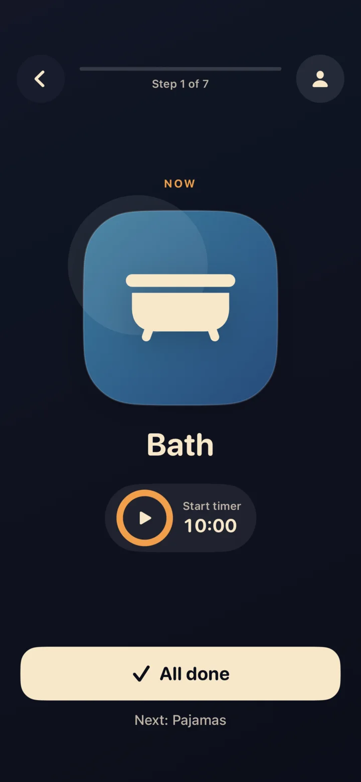 Moontrail showing the current bedtime step, Bath, with a large picture card and optional timer