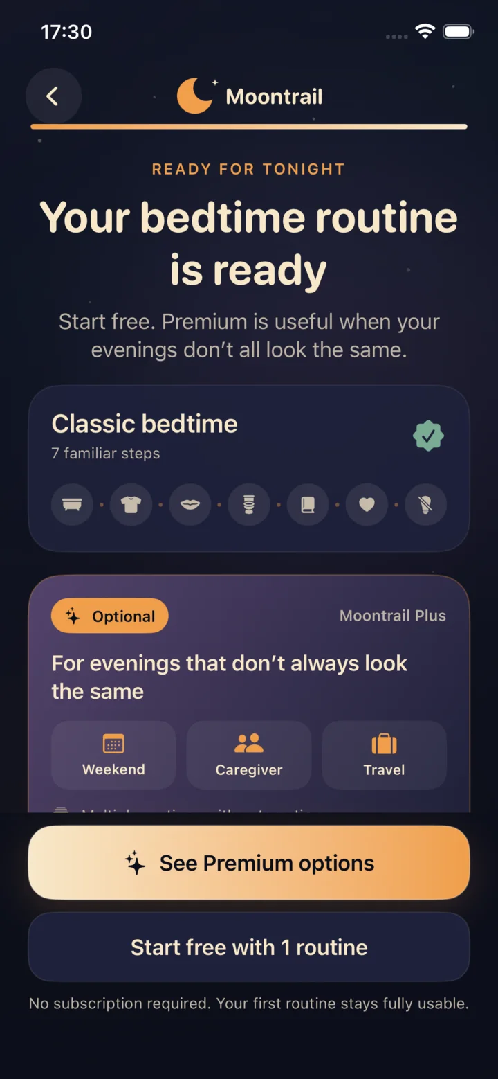 Moontrail screen confirming that a complete bedtime routine is ready and can be used free