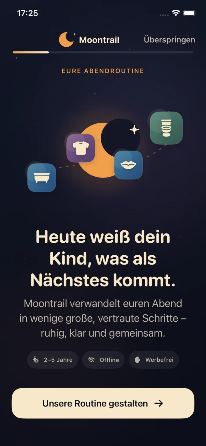 Moontrail zeigt den sichtbaren Abendweg vom Baden bis zum Lichtausschalten