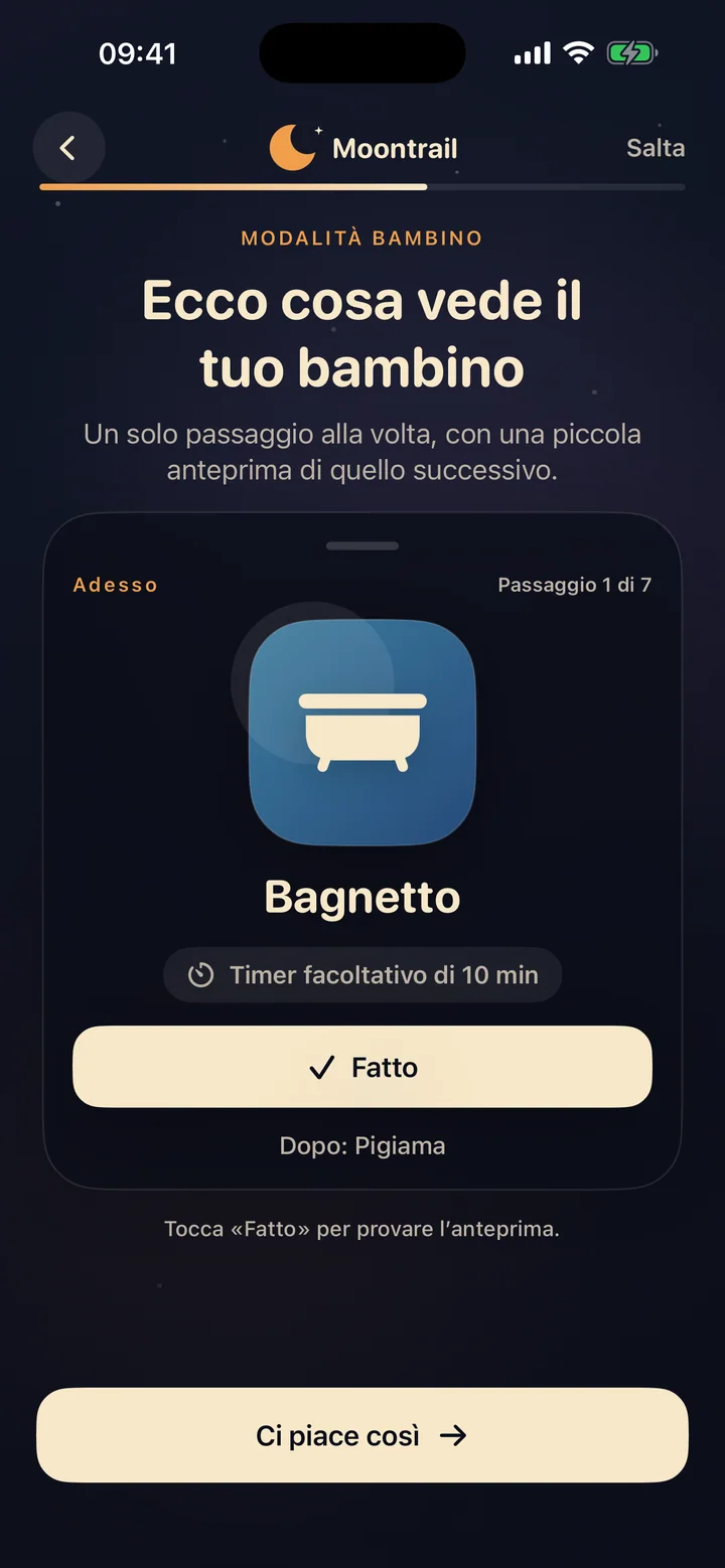 Schermata di benvenuto Moontrail con il percorso visivo dal bagnetto alle luci spente