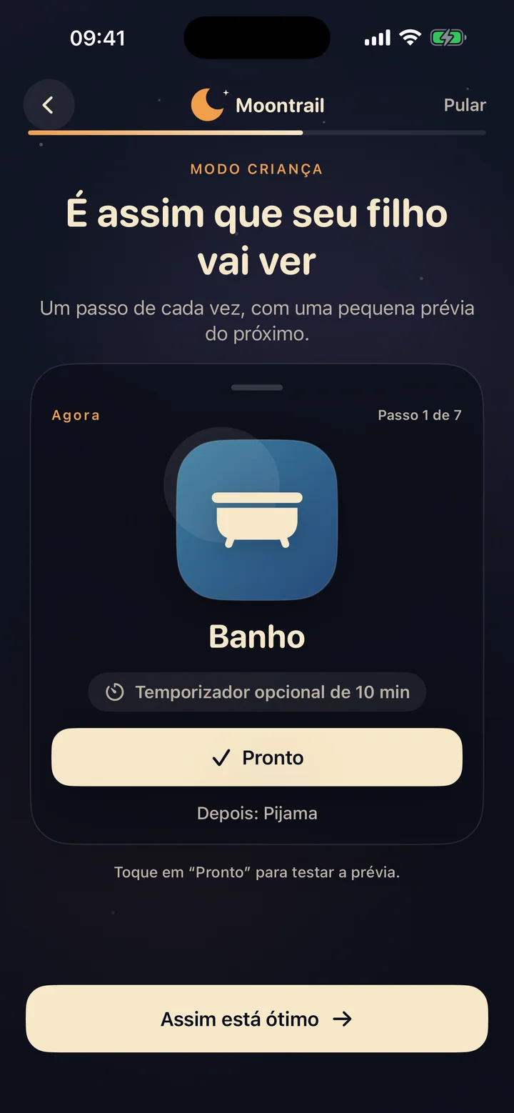 Tela de boas-vindas do Moontrail com o caminho visual do banho até apagar a luz