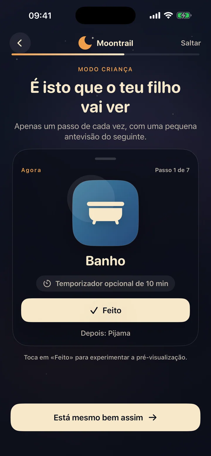 Ecrã de boas-vindas do Moontrail com o caminho visual do banho até apagar a luz
