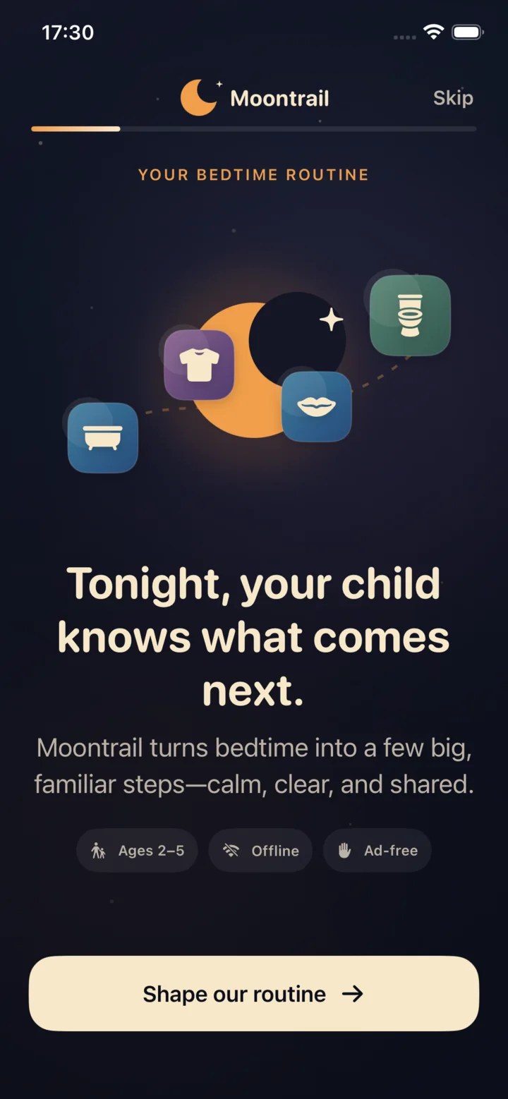 Moontrail welcome screen showing the visual bedtime path from bath to lights out